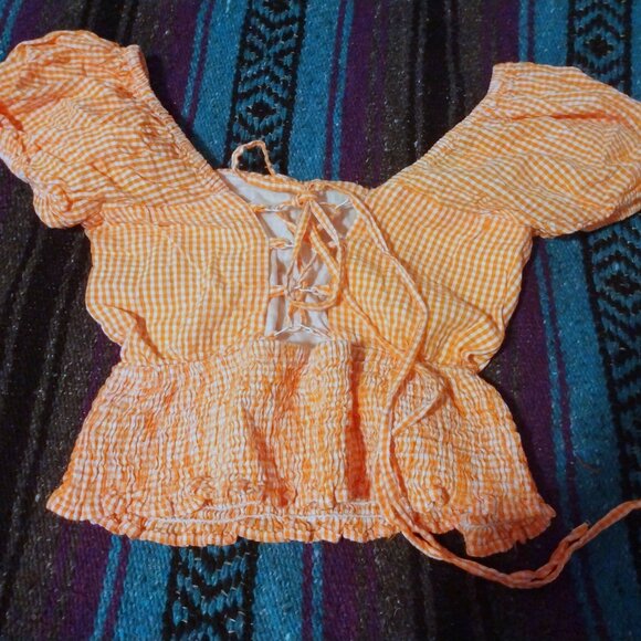 Sim & Sam Orange Gingham Peasant Crop Top S Milkmaid Cottagecore Lace-Up Back - Picture 3 of 8